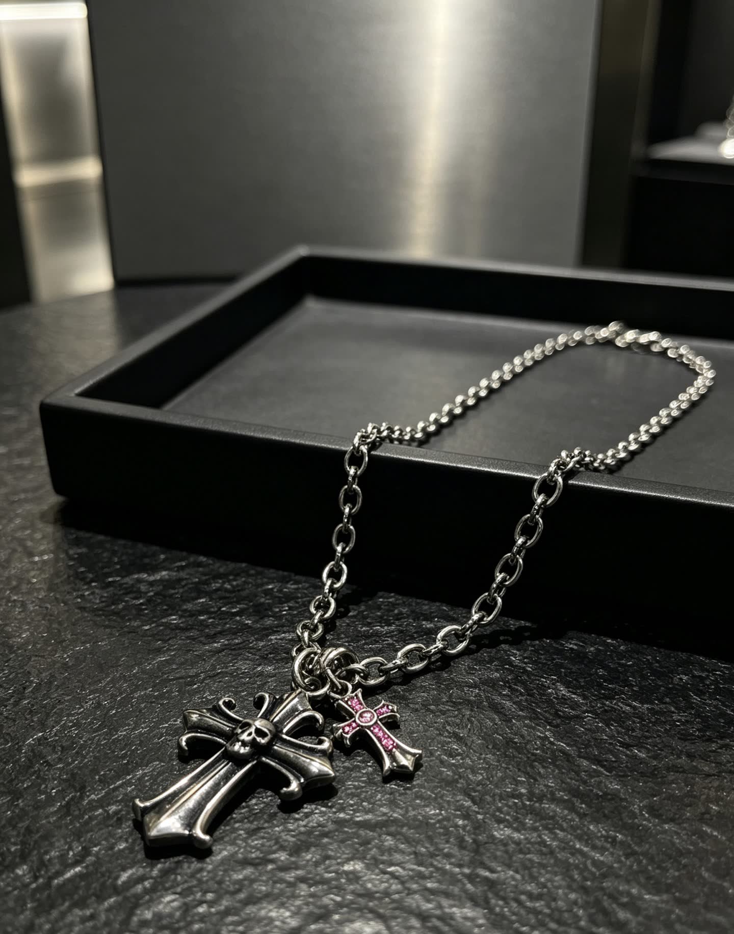 Chrome Hearts Silver Cross Pendant Necklace with Pink Crystal Accents